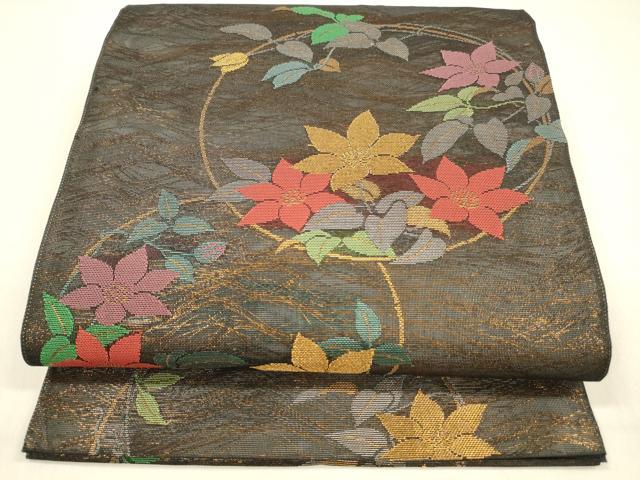 平和屋着物＊夏物 全通柄 本袋帯 草花丸文 黒地 金糸 正絹 逸品 DABA0672cm
