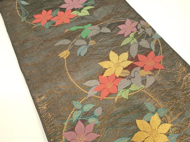 平和屋着物＊夏物 全通柄 本袋帯 草花丸文 黒地 金糸 正絹 逸品 DABA0672cm
