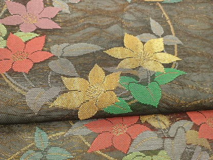 平和屋着物＊夏物 全通柄 本袋帯 草花丸文 黒地 金糸 正絹 逸品 DABA0672cm