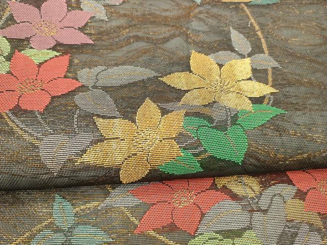 平和屋着物＊夏物 全通柄 本袋帯 草花丸文 黒地 金糸 正絹 逸品 DABA0672cm