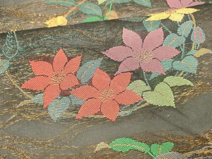 平和屋着物＊夏物 全通柄 本袋帯 草花丸文 黒地 金糸 正絹 逸品 DABA0672cm