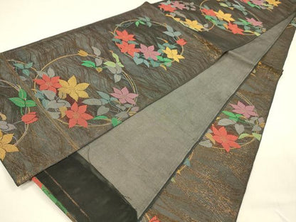 平和屋着物＊夏物 全通柄 本袋帯 草花丸文 黒地 金糸 正絹 逸品 DABA0672cm