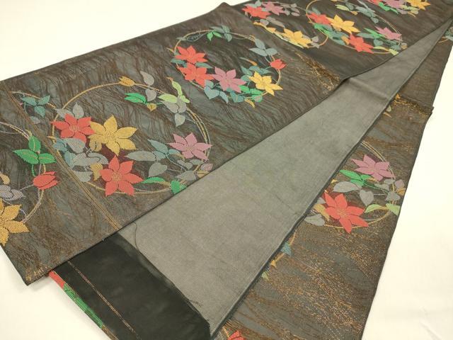 平和屋着物＊夏物 全通柄 本袋帯 草花丸文 黒地 金糸 正絹 逸品 DABA0672cm