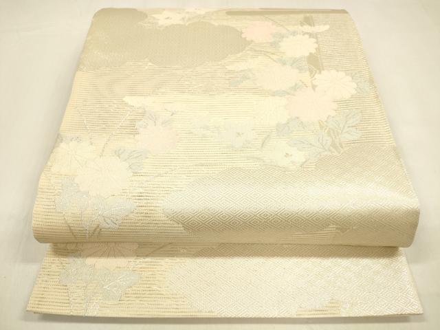 平和屋着物＊夏物 六通柄袋帯 草花文 銀糸 正絹 逸品 DABA0673cm