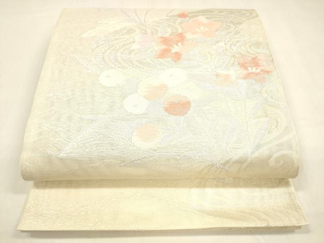 平和屋着物＊夏物 六通柄袋帯 流水草花文 銀糸 正絹 逸品 DABA0674cm