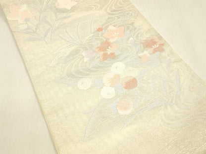 平和屋着物＊夏物 六通柄袋帯 流水草花文 銀糸 正絹 逸品 DABA0674cm