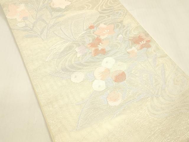 平和屋着物＊夏物 六通柄袋帯 流水草花文 銀糸 正絹 逸品 DABA0674cm