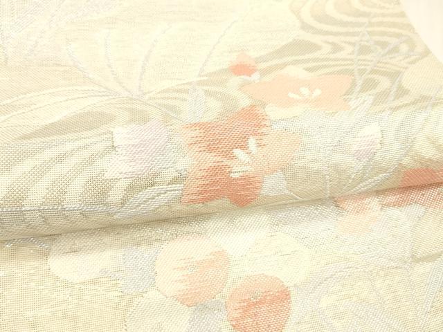 平和屋着物＊夏物 六通柄袋帯 流水草花文 銀糸 正絹 逸品 DABA0674cm