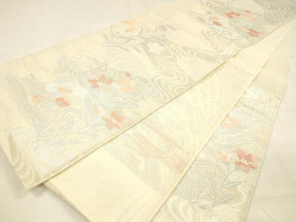 平和屋着物＊夏物 六通柄袋帯 流水草花文 銀糸 正絹 逸品 DABA0674cm