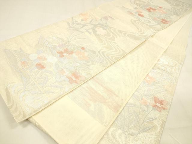 平和屋着物＊夏物 六通柄袋帯 流水草花文 銀糸 正絹 逸品 DABA0674cm