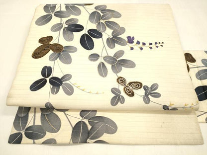 平和屋着物＊夏物 アンティーク 大正ロマン 九寸名古屋帯 絽縮緬 駒刺繍 草葉文 正絹 逸品 DABA0677cm