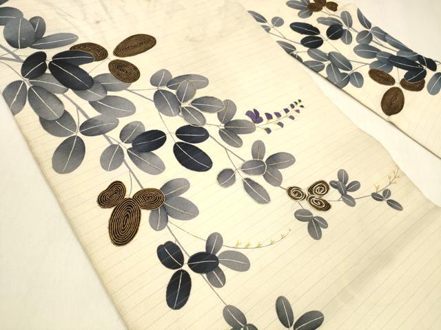平和屋着物＊夏物 アンティーク 大正ロマン 九寸名古屋帯 絽縮緬 駒刺繍 草葉文 正絹 逸品 DABA0677cm