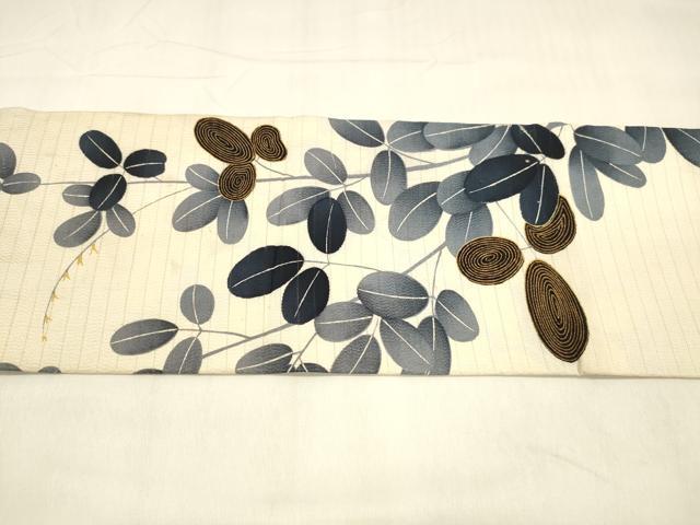 平和屋着物＊夏物 アンティーク 大正ロマン 九寸名古屋帯 絽縮緬 駒刺繍 草葉文 正絹 逸品 DABA0677cm