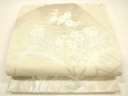 平和屋着物＊夏物 六通柄袋帯 扇面草花文 銀糸 正絹 逸品 DABA0695cm