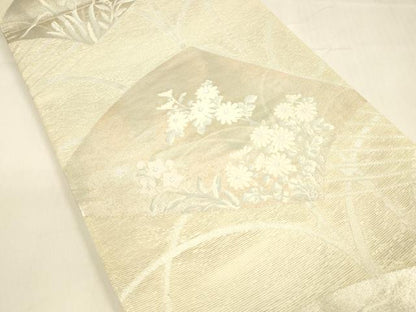 平和屋着物＊夏物 六通柄袋帯 扇面草花文 銀糸 正絹 逸品 DABA0695cm