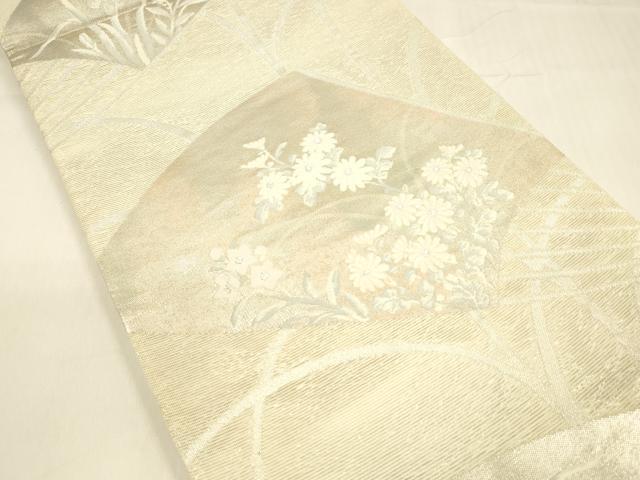 平和屋着物＊夏物 六通柄袋帯 扇面草花文 銀糸 正絹 逸品 DABA0695cm