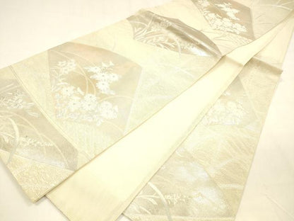 平和屋着物＊夏物 六通柄袋帯 扇面草花文 銀糸 正絹 逸品 DABA0695cm