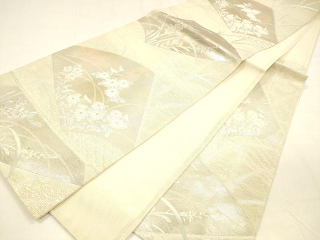 平和屋着物＊夏物 六通柄袋帯 扇面草花文 銀糸 正絹 逸品 DABA0695cm