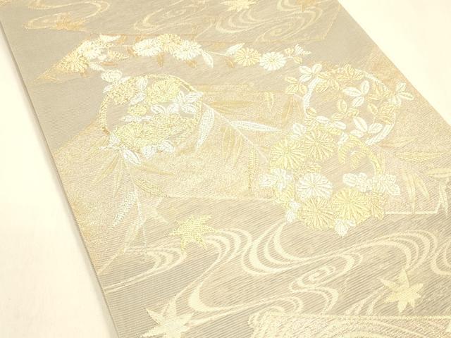 平和屋着物＊夏物 六通柄袋帯 流水片輪車草花文 金銀糸 三越扱い 正絹 逸品 DABA0696cm