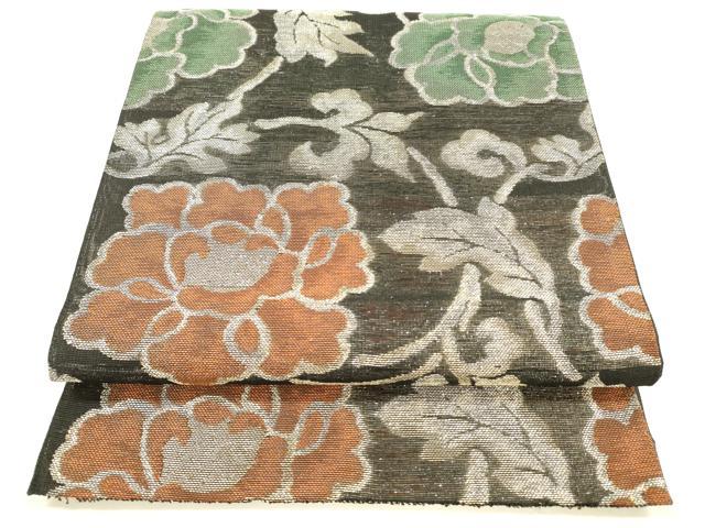 平和屋着物＊夏物 六通柄 本袋帯 牡丹唐草文 黒地 銀糸 正絹 逸品 DABA0698cm