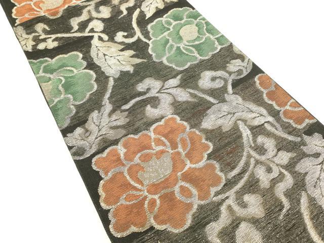 平和屋着物＊夏物 六通柄 本袋帯 牡丹唐草文 黒地 銀糸 正絹 逸品 DABA0698cm