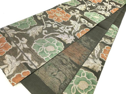平和屋着物＊夏物 六通柄 本袋帯 牡丹唐草文 黒地 銀糸 正絹 逸品 DABA0698cm