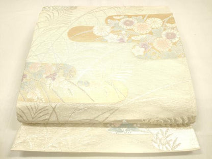 平和屋着物＊夏物 六通柄袋帯 流水草花文 金銀糸 正絹 逸品 DABA0703cm