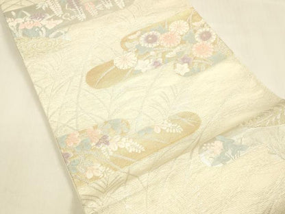 平和屋着物＊夏物 六通柄袋帯 流水草花文 金銀糸 正絹 逸品 DABA0703cm