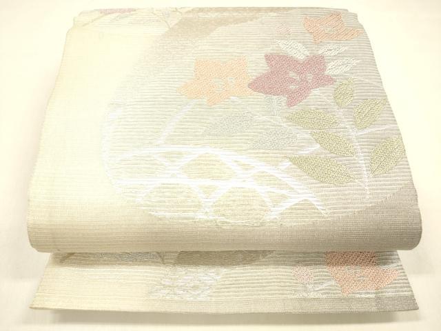 平和屋着物＊夏物 六通柄袋帯 貝合わせ七宝花文 銀糸 正絹 逸品 DABA0707cm