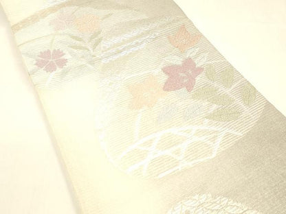 平和屋着物＊夏物 六通柄袋帯 貝合わせ七宝花文 銀糸 正絹 逸品 DABA0707cm