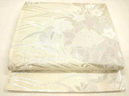 平和屋着物＊夏物 六通柄袋帯 流水草花文 銀糸 正絹 逸品 DABA0709cm