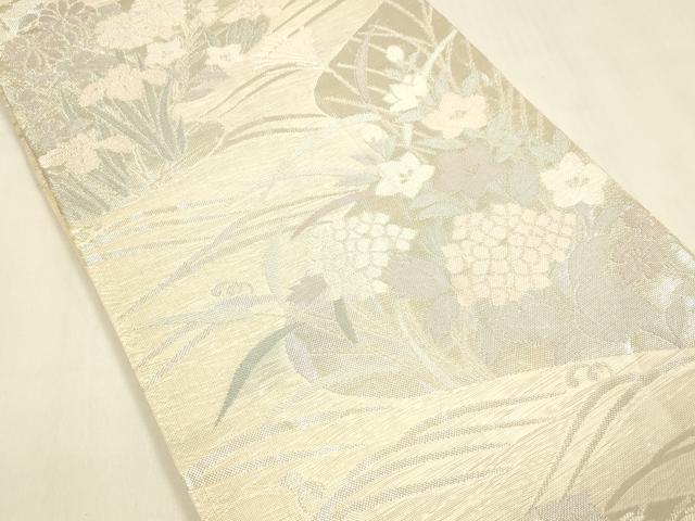 平和屋着物＊夏物 六通柄袋帯 流水草花文 銀糸 正絹 逸品 DABA0709cm