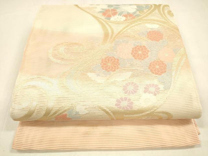 平和屋着物＊夏物 西陣 六通柄袋帯 流水草花文 金糸 証紙付き 正絹 逸品 DABA0717cm