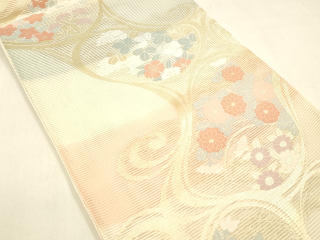 平和屋着物＊夏物 西陣 六通柄袋帯 流水草花文 金糸 証紙付き 正絹 逸品 DABA0717cm