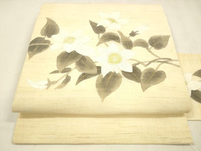 平和屋着物＊夏物 九寸名古屋帯 手描き 草花文 金銀彩 麻 逸品 DABA0725cm