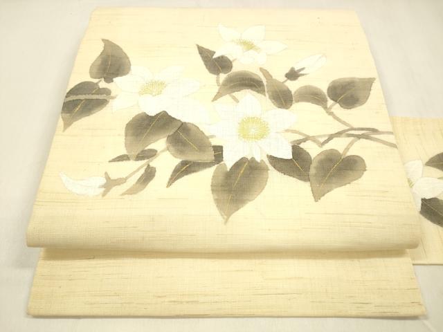 平和屋着物＊夏物 九寸名古屋帯 手描き 草花文 金銀彩 麻 逸品 DABA0725cm