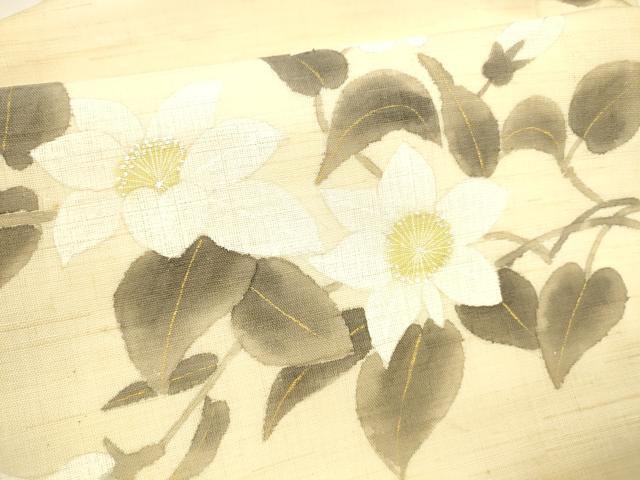 平和屋着物＊夏物 九寸名古屋帯 手描き 草花文 金銀彩 麻 逸品 DABA0725cm