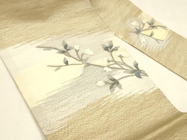 平和屋着物＊夏物　九寸名古屋帯　枝花文　金銀糸　正絹　逸品　DAAW1948cm 平和屋着物＊夏物 銀座きしや 九寸名古屋帯 総刺繍 草花文 金銀糸 正絹