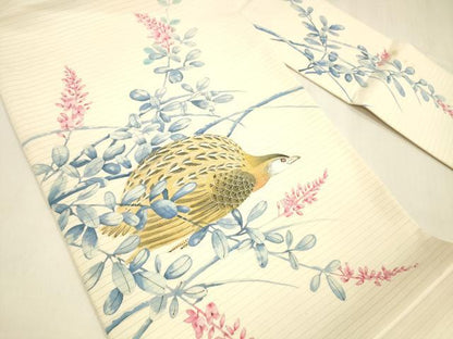 平和屋着物＊夏物 絽塩瀬 九寸名古屋帯 手描き 鶉草葉文 正絹 逸品 DABA0735cm
