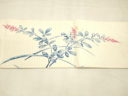 平和屋着物＊夏物 絽塩瀬 九寸名古屋帯 手描き 鶉草葉文 正絹 逸品 DABA0735cm