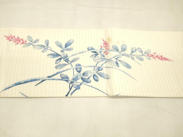 平和屋着物＊夏物 絽塩瀬 九寸名古屋帯 手描き 鶉草葉文 正絹 逸品 DABA0735cm