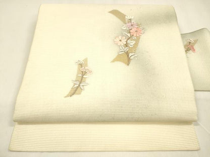 平和屋着物＊夏物 九寸名古屋帯 刺繍 草花文 金銀彩 正絹 逸品 DABA0744cm