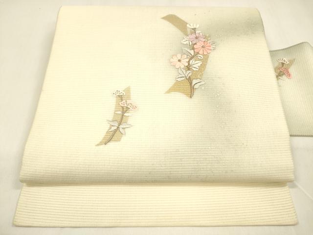 平和屋着物＊夏物 九寸名古屋帯 刺繍 草花文 金銀彩 正絹 逸品 DABA0744cm