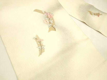 平和屋着物＊夏物 九寸名古屋帯 刺繍 草花文 金銀彩 正絹 逸品 DABA0744cm