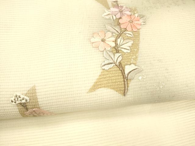 平和屋着物＊夏物 九寸名古屋帯 刺繍 草花文 金銀彩 正絹 逸品 DABA0744cm