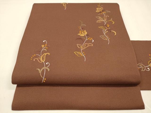 平和屋着物●九寸名古屋帯　総刺繍　草花文　海老茶色　金銀糸　正絹　逸品　DABA0761cm 平和屋着物○九寸名古屋帯 総刺繍 草花文 海老茶色 金銀糸