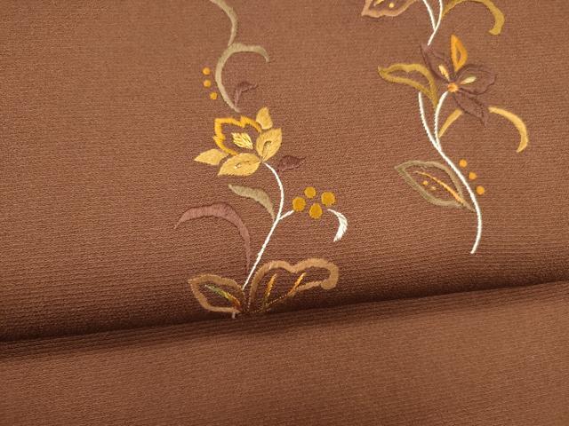 平和屋着物○九寸名古屋帯 総刺繍 草花文 海老茶色 金銀糸