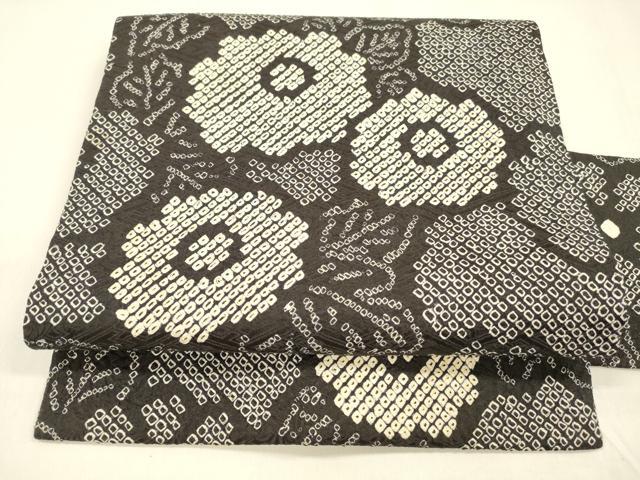 ［6164］名古屋帯 美品 総絞り 草花 九寸 逸品 正絹 着物 黒 6164］名古屋帯 美品 総絞り 草花 九寸 逸品 正絹 着物 黒の通販 by