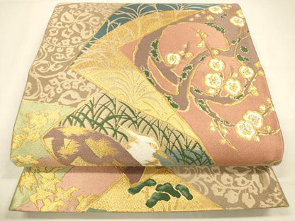 平和屋着物●六通柄袋帯　唐織　風景飛鳥枝花松文　金糸　正絹　逸品　DABA0769cm