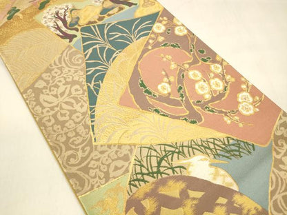 平和屋着物●六通柄袋帯　唐織　風景飛鳥枝花松文　金糸　正絹　逸品　DABA0769cm